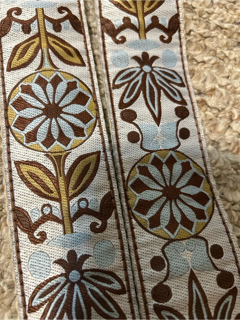 Adjustable Floral Canvas Bag Strap with Gold Hardware - Brown & Light Blue